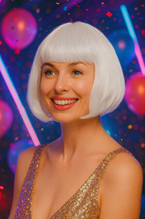 Peruk Küt Saç Kısa Kahküllü 25 Cm Beyaz İçi Astarlı Kafayı Saran