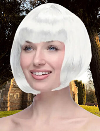 Peruk Küt Saç Kısa Kahküllü 25 Cm Beyaz İçi Astarlı Kafayı Saran