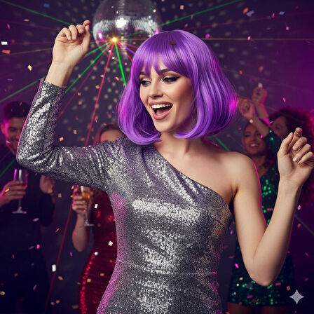 Peruk Küt Saç Kısa Kahküllü 25 Cm Mor İçi Astarlı Kafayı Saran