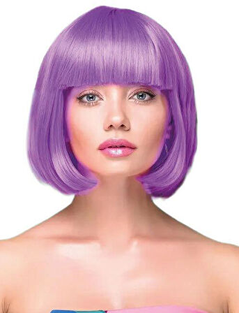 Peruk Küt Saç Kısa Kahküllü 25 Cm Mor İçi Astarlı Kafayı Saran