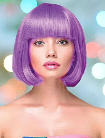 Peruk Küt Saç Kısa Kahküllü 25 Cm Mor İçi Astarlı Kafayı Saran