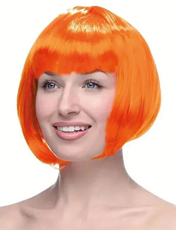 Peruk Küt Saç Kısa Kahküllü 25 Cm Turuncu İçi Astarlı Kafayı Saran