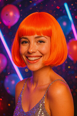 Peruk Küt Saç Kısa Kahküllü 25 Cm Turuncu İçi Astarlı Kafayı Saran