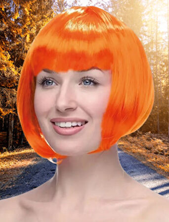 Peruk Küt Saç Kısa Kahküllü 25 Cm Turuncu İçi Astarlı Kafayı Saran