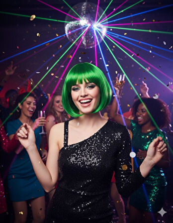 Peruk Küt Saç Kısa Kahküllü 25 Cm Yeşil İçi Astarlı Kafayı Saran 