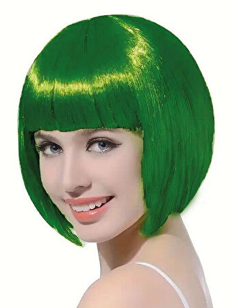 Peruk Küt Saç Kısa Kahküllü 25 Cm Yeşil İçi Astarlı Kafayı Saran 