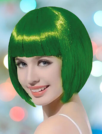 Peruk Küt Saç Kısa Kahküllü 25 Cm Yeşil İçi Astarlı Kafayı Saran 