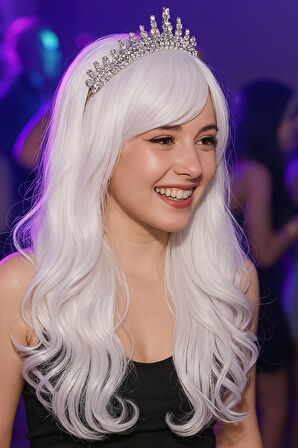 Peruk  Saç Uzun Kahküllü 50 Cm Beyaz  