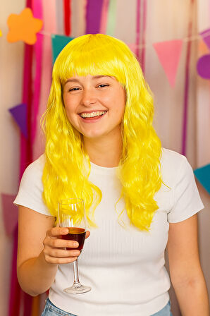 Peruk  Saç Uzun Kahküllü 50 Cm Sarı   