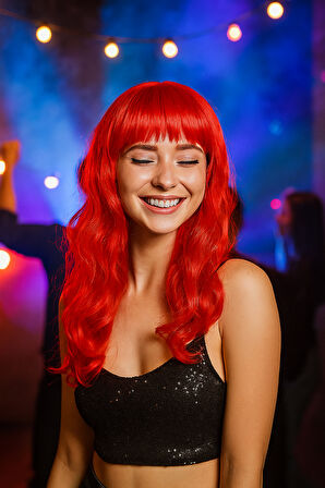 Peruk Uzun Saç Kahküllü 50 Cm Kırmızı Renkli Parti Kostümü