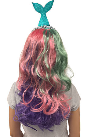 Peruk Saç Uzun Kahküllü 50 Cm (Taç Dahil Değildir) Deniz Kızı Renkleri  