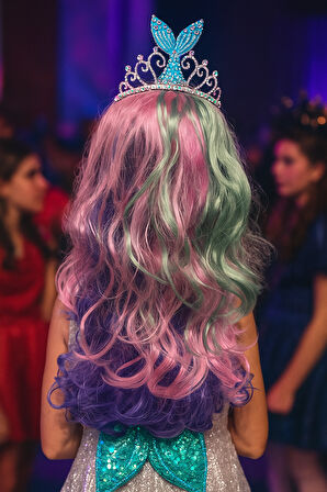 Peruk Saç Uzun Kahküllü 50 Cm (Taç Dahil Değildir) Deniz Kızı Renkleri  