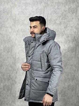 Erkek Kapüşonlu 5Cepli Dolumlu SlimFit Uzun Kaban İmaj Jeans 939