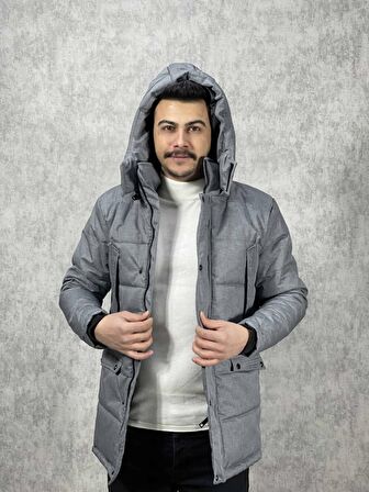 Erkek Kapüşonlu 5Cepli Dolumlu SlimFit Uzun Kaban İmaj Jeans 939