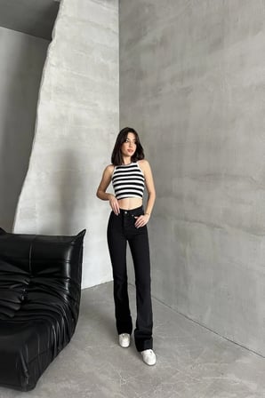 Kles Flora Anna Solmayan Yüksek Bel Siyah Ispanyol Paça Comfort Likralı