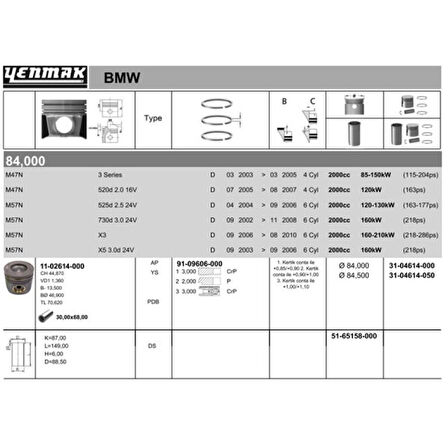 Bmw Piston+segman Ø 84 Mm+050 Bmw M47n M57n - Yenmak 31-04614-050
