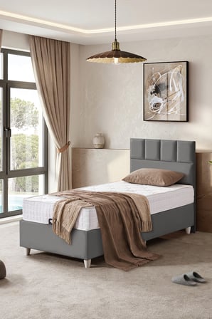 Baza Seti, Monaco Tek Kişilik Baza Başlık Maxi Yatak Seti, Gri - 100x200 cm