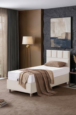 Baza Seti, Monaco Tek Kişilik Baza Başlık Maxi Yatak Seti, Krem - 100x200 cm