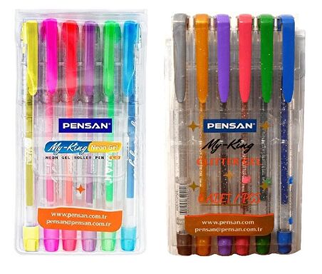 Pensan My King  Jel Kalem 2 li set (Simli Jel Kalem 6Lı+Neon Jel Kalem 6 LI)