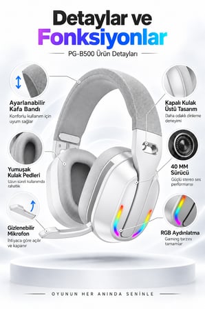 PG-B500 V5.4 Bluetooth Kablosuz Gaming Kulaklık RGB Aydınlatma 26 Saat Pil Düşük Gecikm