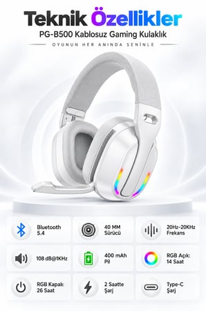 PG-B500 V5.4 Bluetooth Kablosuz Gaming Kulaklık RGB Aydınlatma 26 Saat Pil Düşük Gecikm