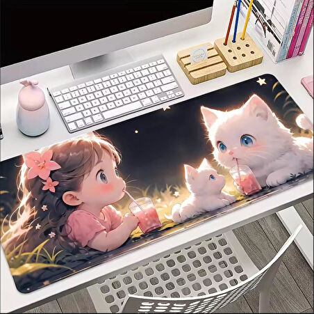 70X30 CM SEVİMLİ KIZ VE KEDİLER TEMALI KAYDIRMAZ TABAN SPEED YÜZEY OYUNCU MOUSE PAD GAMİNG