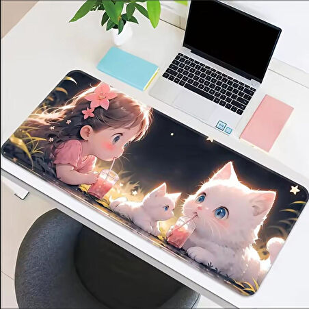 70X30 CM SEVİMLİ KIZ VE KEDİLER TEMALI KAYDIRMAZ TABAN SPEED YÜZEY OYUNCU MOUSE PAD GAMİNG
