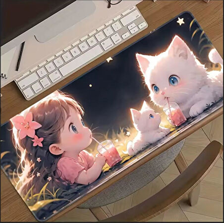 70X30 CM SEVİMLİ KIZ VE KEDİLER TEMALI KAYDIRMAZ TABAN SPEED YÜZEY OYUNCU MOUSE PAD GAMİNG