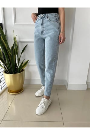 Lamina Mavi Kar Yıkama Yüksek Bel Mom Jeans Boyfriend (1 beden büyük alınız)