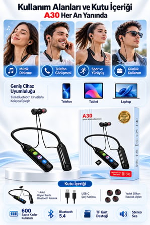 A30 600 Saat Pil Ömürlü Boyun Bantlı Kablosuz Bluetooth Kulaklık Kart Girişli Game Modlu