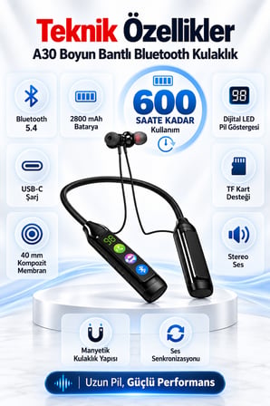 A30 600 Saat Pil Ömürlü Boyun Bantlı Kablosuz Bluetooth Kulaklık Kart Girişli Game Modlu