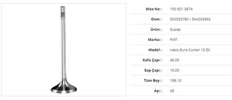İveco Truck Subap Egzoz İveco İveco Euro Cursor 13 46kx10sx198,1bx45a (12adet) - Wax 150 E01 3674