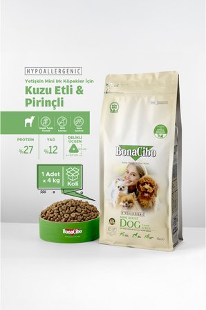 Bonacibo Mini Irk Yetişkin Kuzu Etli ve Pirinçli Köpek Kuru Maması 4 Kg