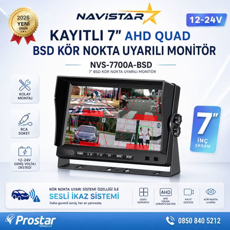 7 inç Kayıtlı AHD Quad Araç Monitörü - Sesli BSD Kör Nokta Uyarılı, 12-24V, RCA Soketli