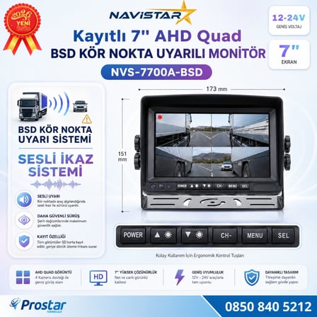 7 inç Kayıtlı AHD Quad Araç Monitörü - Sesli BSD Kör Nokta Uyarılı, 12-24V, RCA Soketli