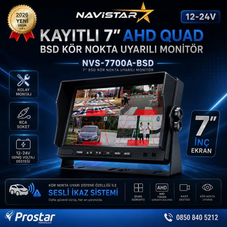 7 inç Kayıtlı AHD Quad Araç Monitörü - Sesli BSD Kör Nokta Uyarılı, 12-24V, RCA Soketli