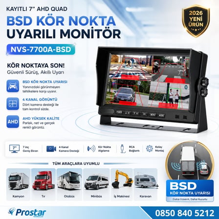 7 inç Kayıtlı AHD Quad Araç Monitörü - Sesli BSD Kör Nokta Uyarılı, 12-24V, RCA Soketli