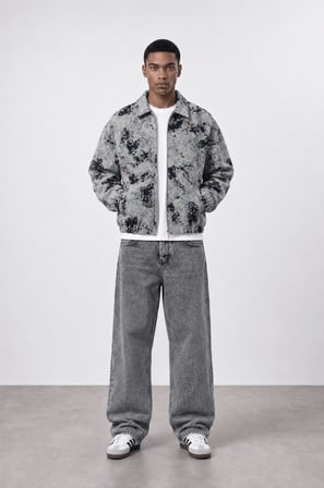 Erkek Jakarlı Oversize Bomber Ceket Gri