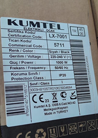 KUMTEL Spiral Hotplate Elektirikli Ocak LX-7001 tekli Termostat Kontrollü 1000 W 50-60HZ 2220-240V LÜX SERİES 5711