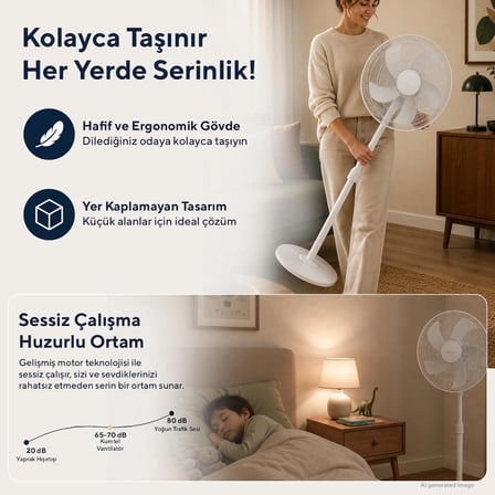 Kumtel KTF-350 Beyaz 16 İnç Ayaklı Vantilatör 50 W, 5 Pervaneli, 3 Kademeli, 121 cm Ayarlanabilir Yükseklik