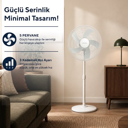 Kumtel KTF-350 Beyaz 16 İnç Ayaklı Vantilatör 50 W, 5 Pervaneli, 3 Kademeli, 121 cm Ayarlanabilir Yükseklik