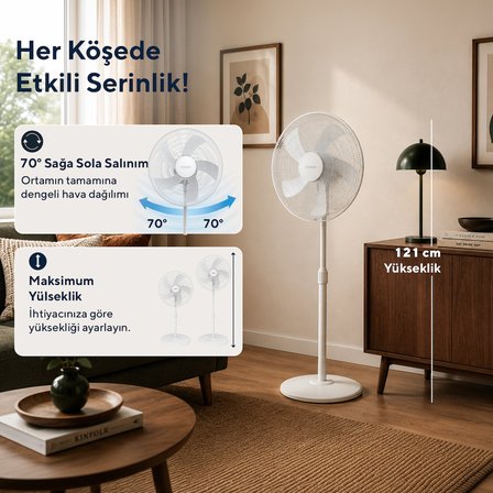 Kumtel KTF-350 Beyaz 16 İnç Ayaklı Vantilatör 50 W, 5 Pervaneli, 3 Kademeli, 121 cm Ayarlanabilir Yükseklik