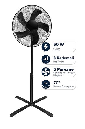 Kumtel Siyah 16 inç Ayaklı Vantilatör 50 W, 5 Pervaneli, 3 Kademeli, 121 cm Yükseklik