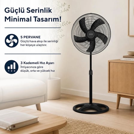 Kumtel KTF-345 Siyah 18 İnç Ayaklı Vantilatör 60 W, 5 Pervaneli, 3 Kademeli, 132 cm Ayarlanabilir Yükseklik
