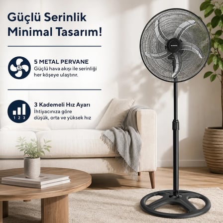 Kumtel KTF-340 Siyah 18 İnç Sanayi Tipi Vantilatör 3in1 60 W,5 Metal Pervaneli, 3 Kademeli, 132 cm Ayarlanabilir Yükseklik