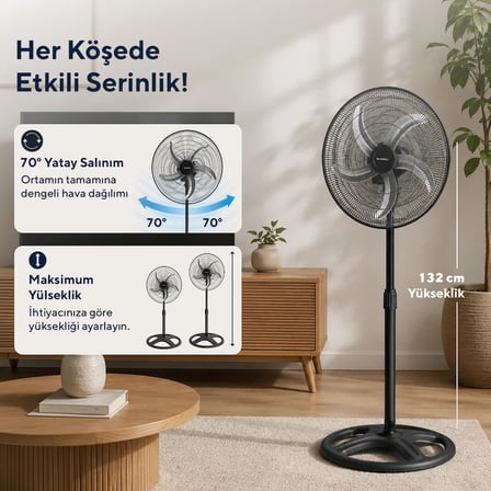Kumtel KTF-340 Siyah 18 İnç Sanayi Tipi Vantilatör 3in1 60 W,5 Metal Pervaneli, 3 Kademeli, 132 cm Ayarlanabilir Yükseklik