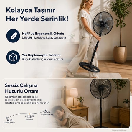Kumtel KTF-340 Siyah 18 İnç Sanayi Tipi Vantilatör 3in1 60 W,5 Metal Pervaneli, 3 Kademeli, 132 cm Ayarlanabilir Yükseklik