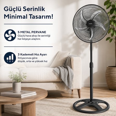 Kumtel KTF-340 Siyah 18 İnç Sanayi Tipi Vantilatör 3in1 60 W,5 Metal Pervaneli, 3 Kademeli, 132 cm Ayarlanabilir Yükseklik
