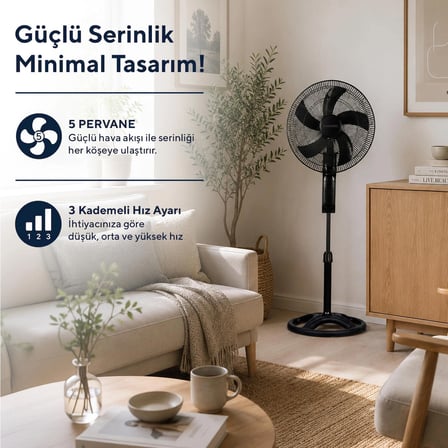 Kumtel KTF-395 Siyah 18 İnç Ayaklı Vantilatör 60 W, 5 Pervaneli, 3 Kademeli, 145 cm Ayarlanabilir Yükseklik