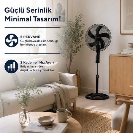 Kumtel KTF-395 Siyah 18 İnç Ayaklı Vantilatör 60 W, 5 Pervaneli, 3 Kademeli, 145 cm Ayarlanabilir Yükseklik